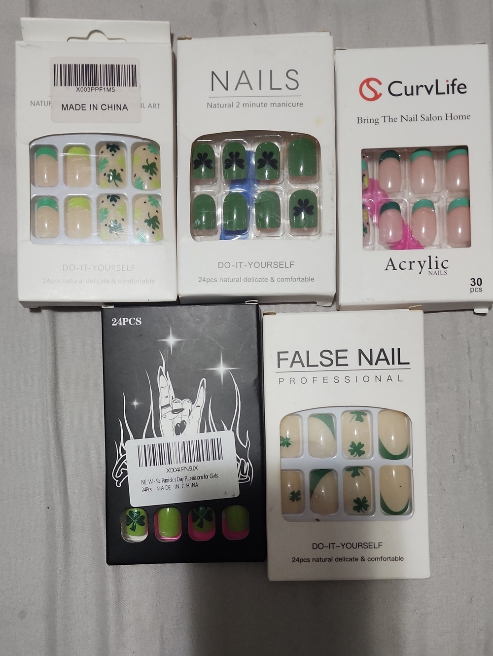 5 new st pattys day Acrylic False Nails - Green Clover French Tip (Set